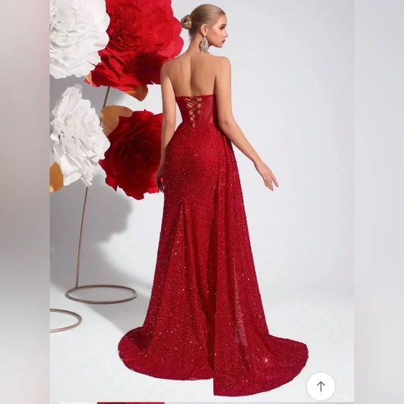 NWOT Strapless Ruby Red Sequin Gown - Picture 4 of 8